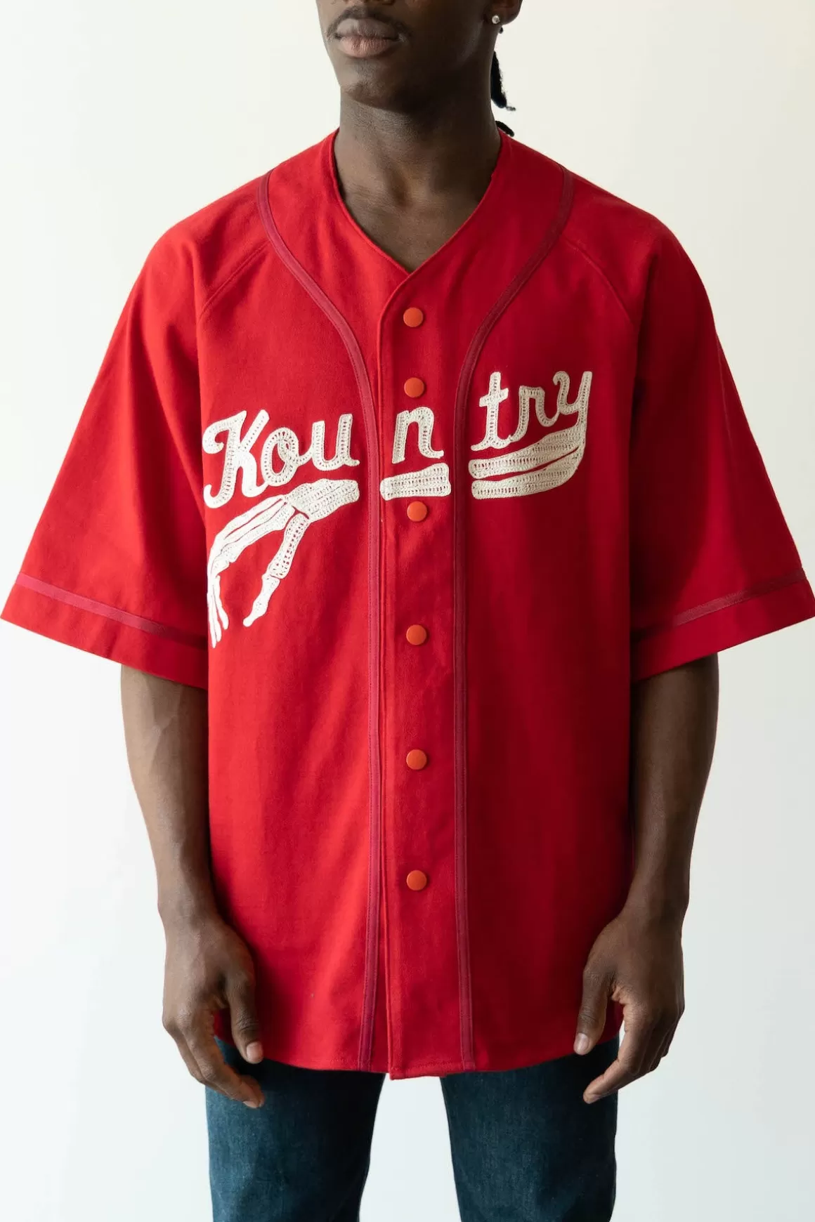 16/-Densed Jersey Baseball Shirt (Bone) - Red>Kapital Fashion