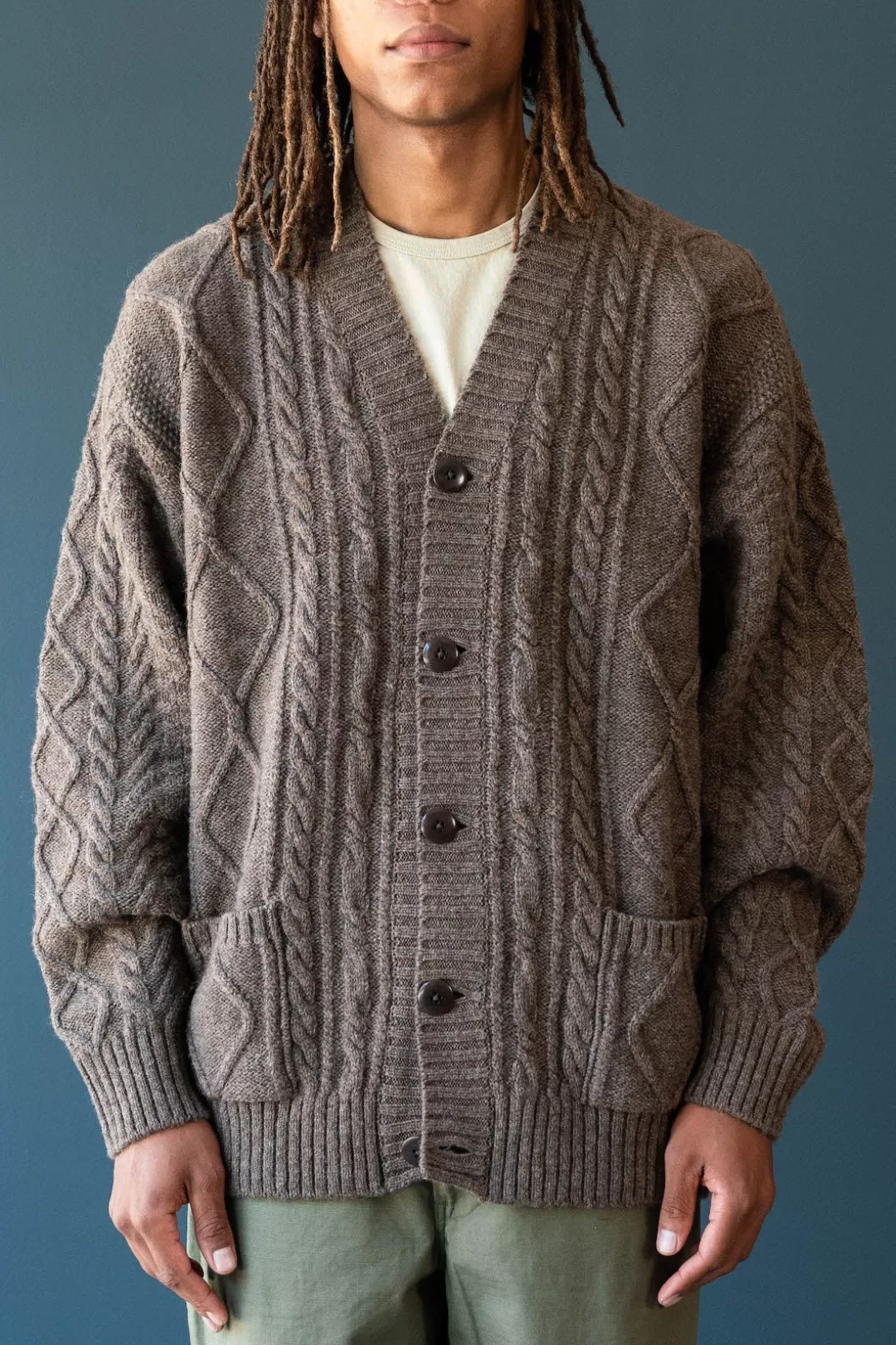 5G Wool Cable Knit Elbow-Catpital Cardigan - Moca Brown>Kapital Shop