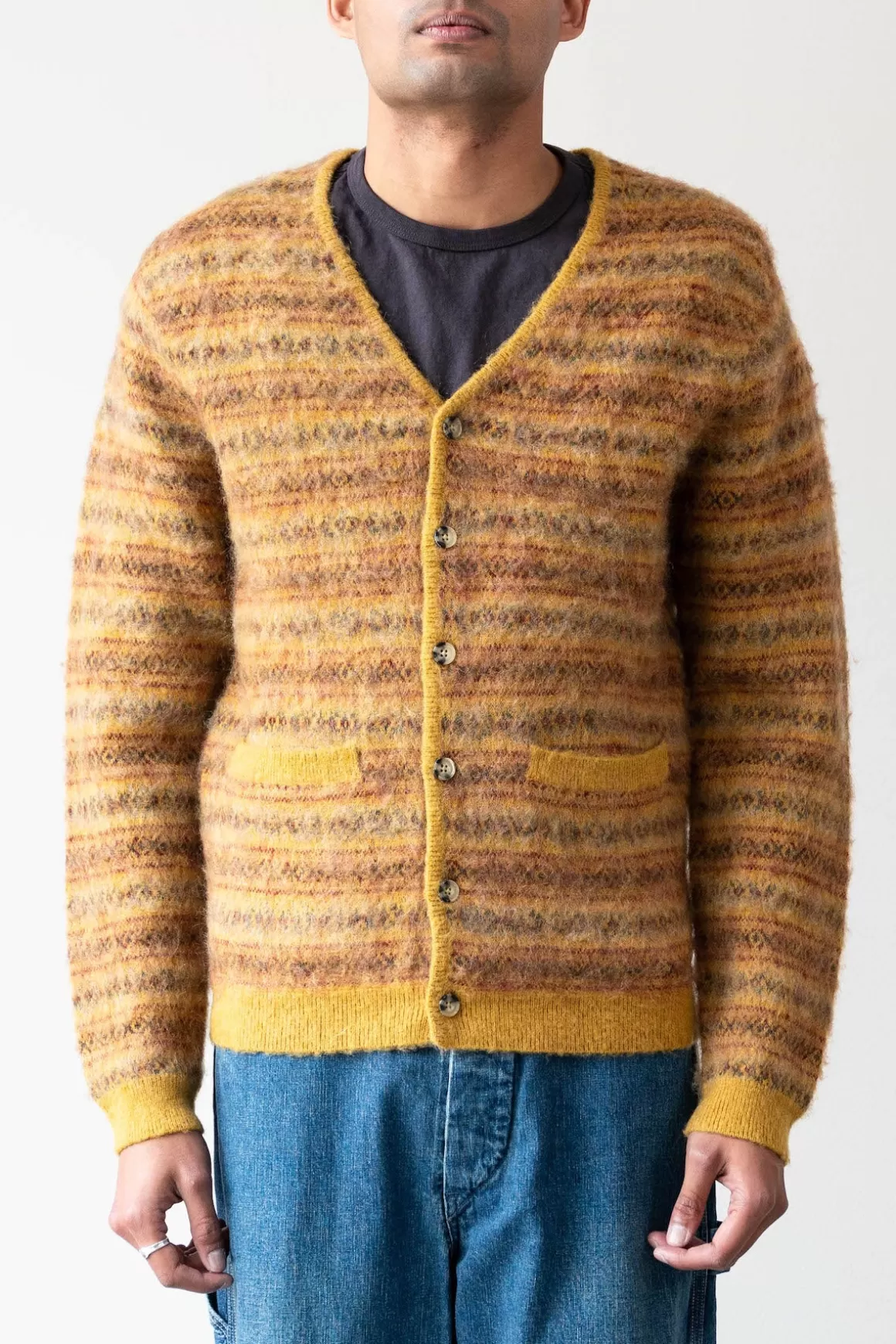 Cardigan Double Jacquard Fair Isle - Mustard>Beams Plus Online