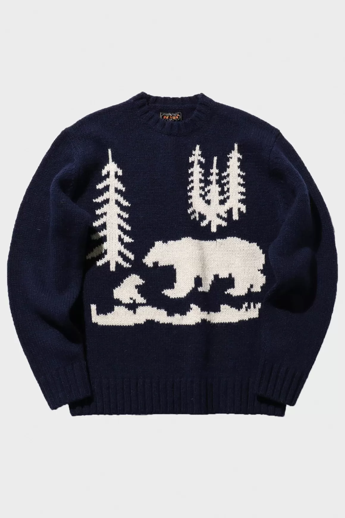 Crew Neck Intarsia 3G - Navy (Bear)>Beams Plus New