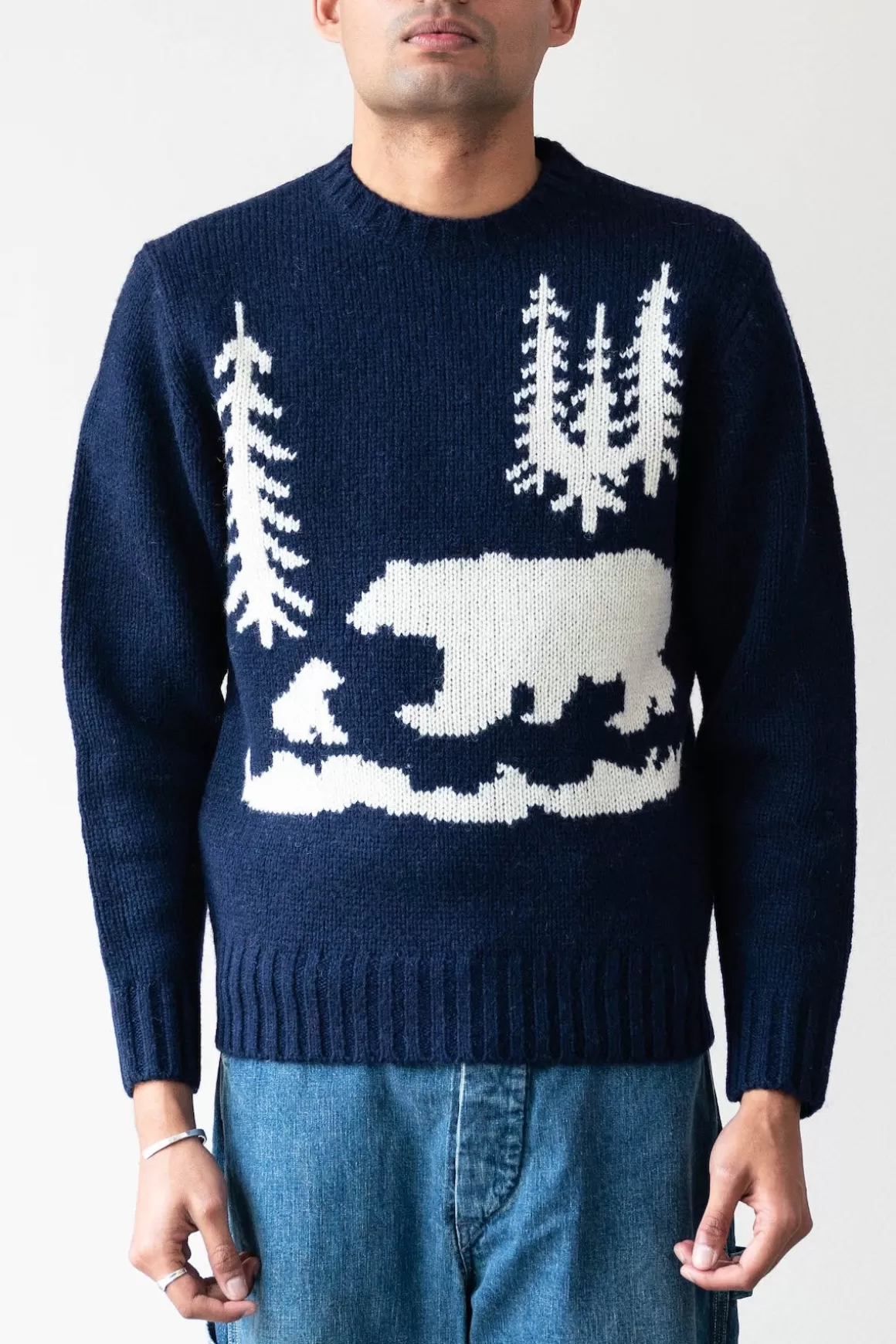 Crew Neck Intarsia 3G - Navy (Bear)>Beams Plus New