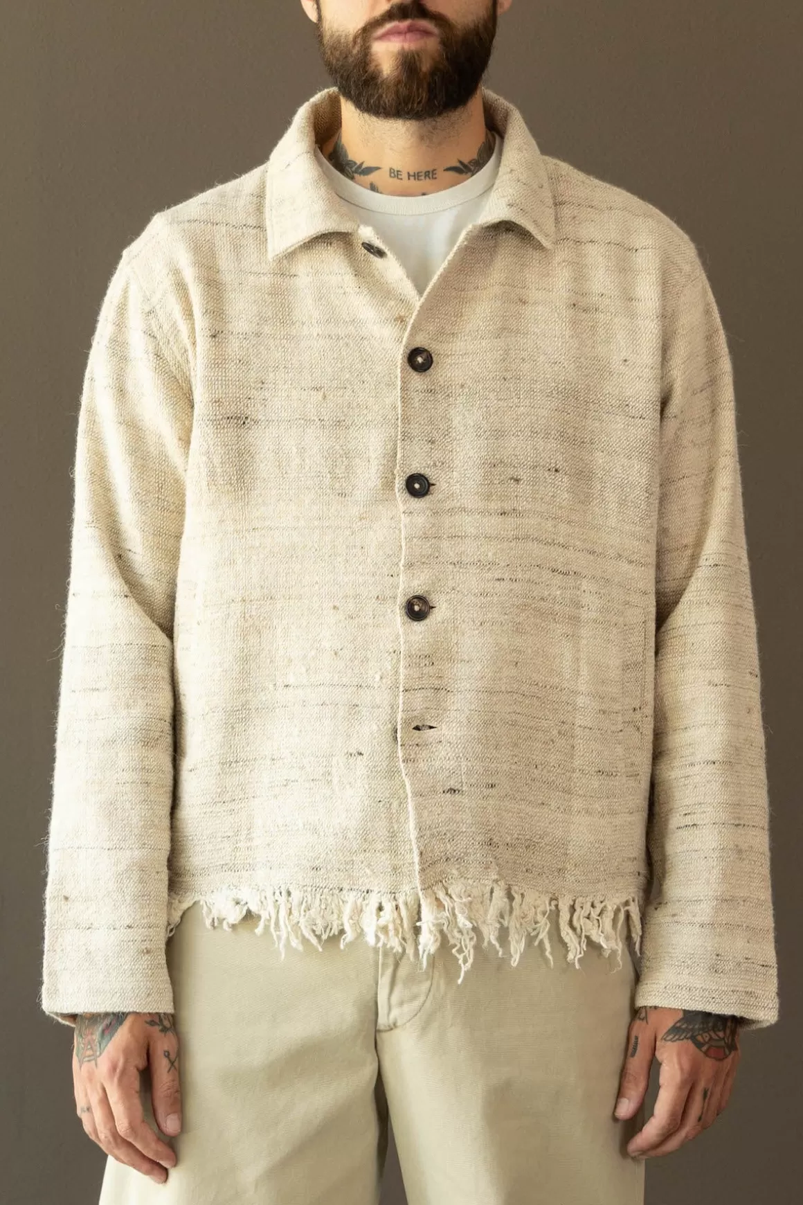 Cropped Jacket - Textured Wrinkly Weave With Fringe>Karu Research Fashion