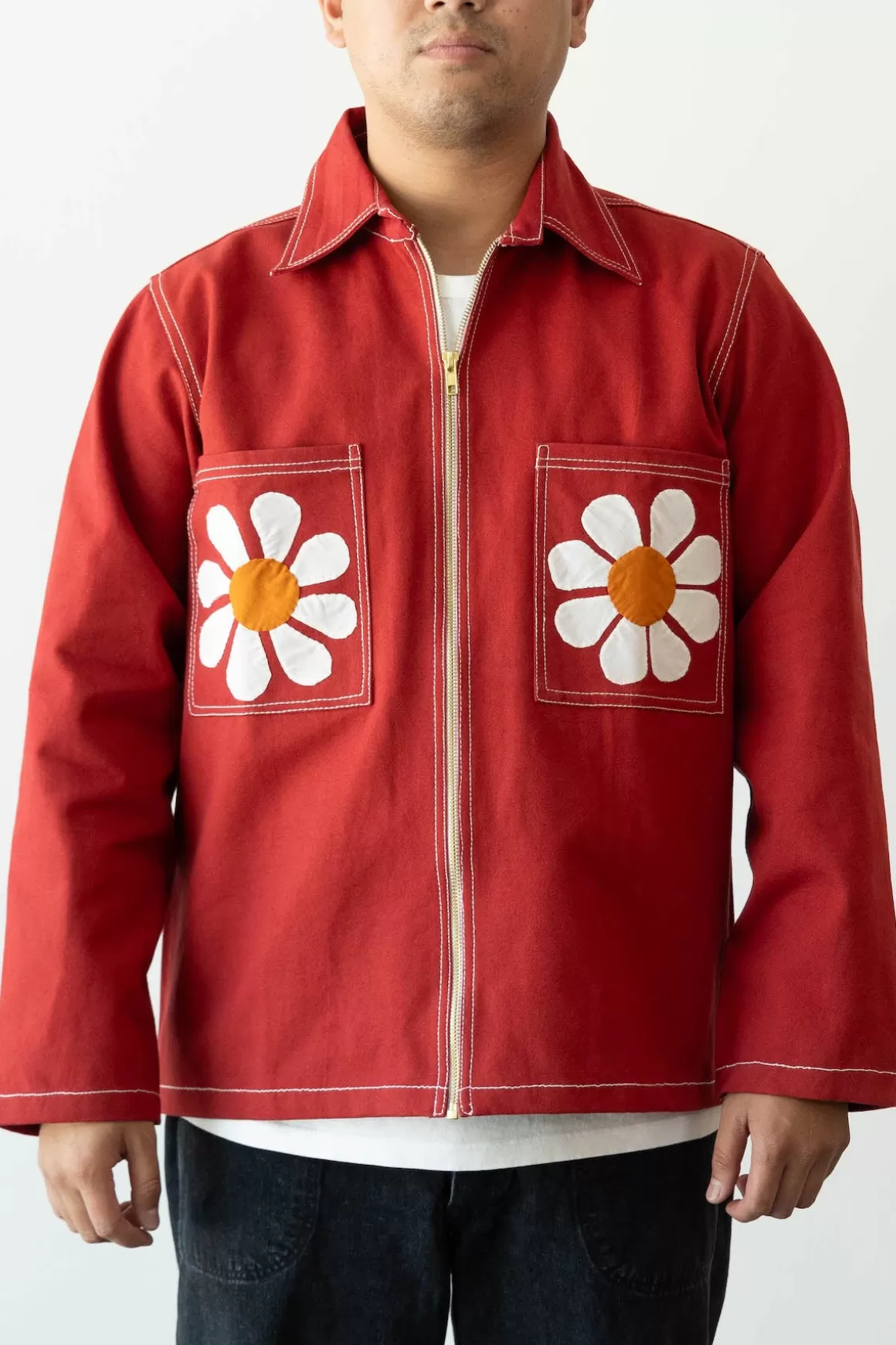 Flower Applique Zipper Jacket - Red>Harago Best