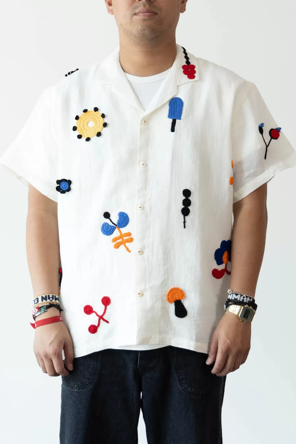 Flower Crochet Applique Shirt - White>Harago Fashion