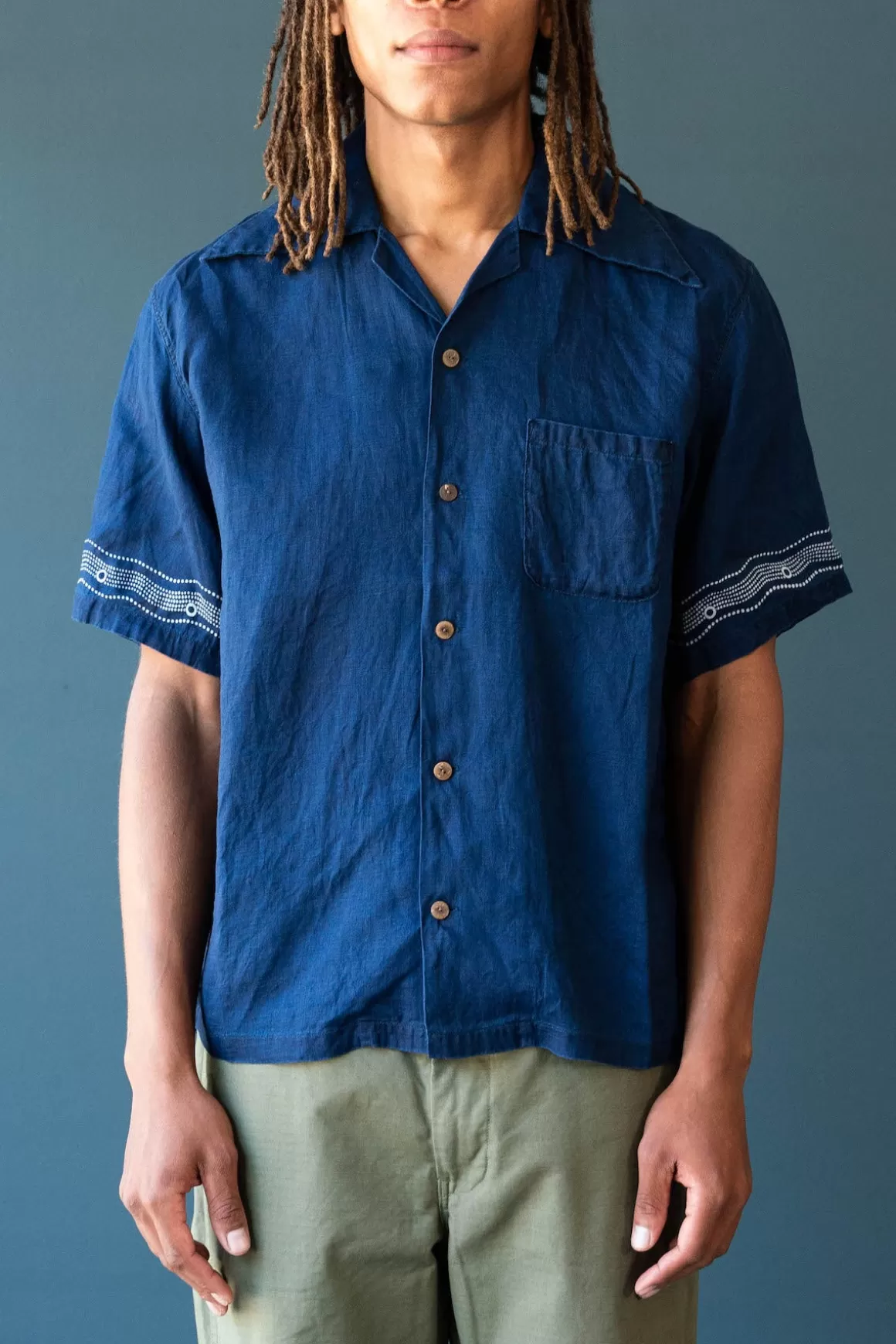 French Cloth Linen Wrangle Collar Aloha Shirt (Soufflemon) - Indigo>Kapital Shop