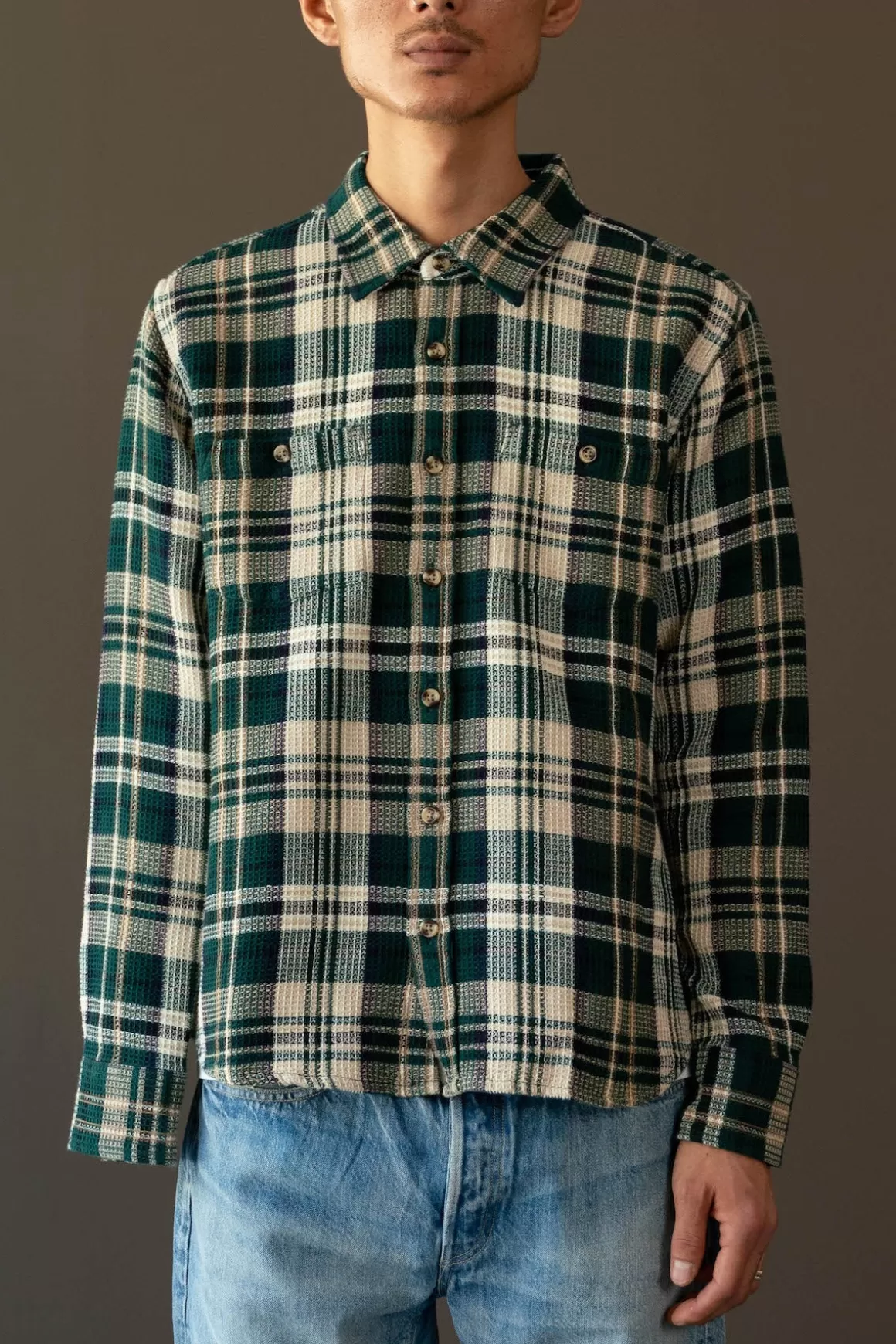 Green Falls Waffle Madras Longsleeve - Green>Corridor Store