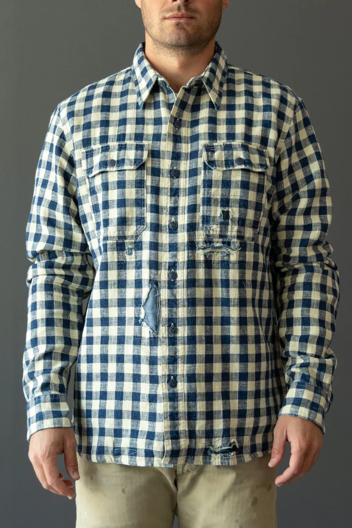 Indigo Checked Linen-Cotton Workshirt - Indigo/Cream>RRL Sale