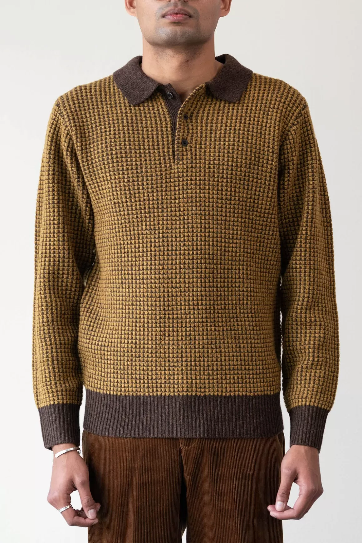 Knit Polo Crochet-Like - Brown/Mustard>Beams Plus Cheap