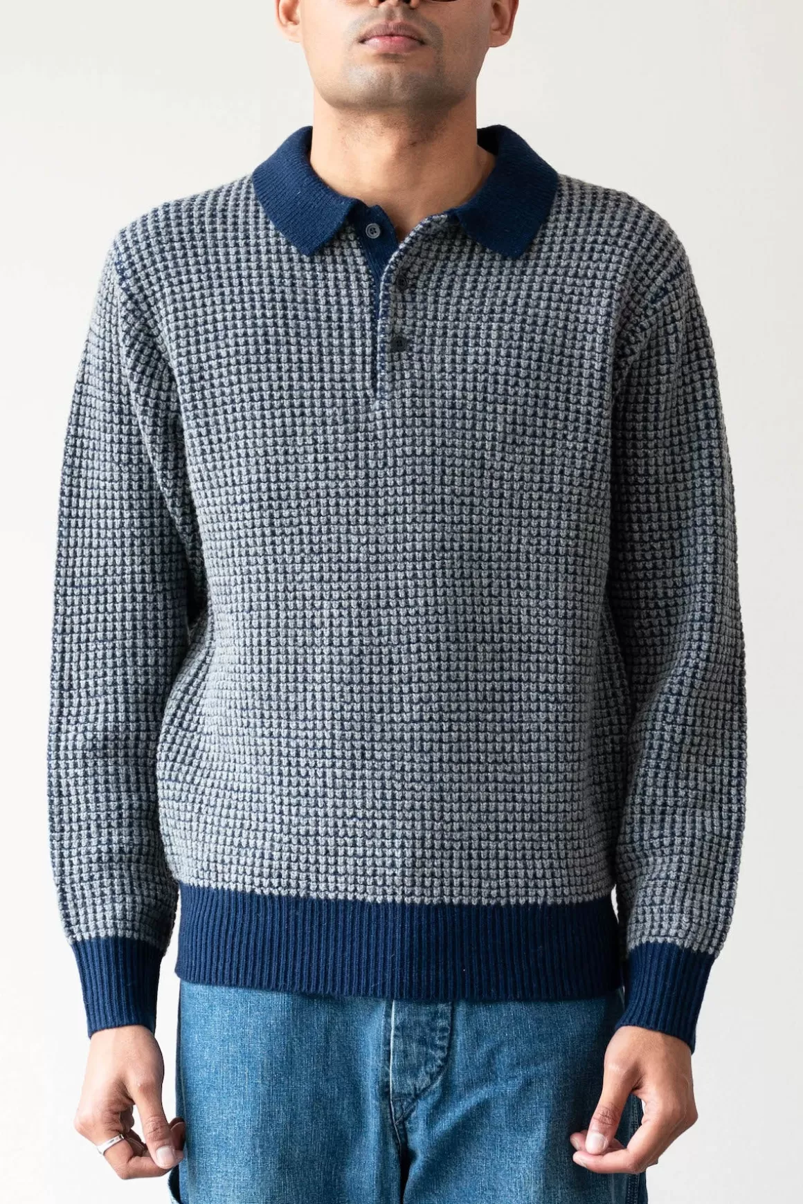 Knit Polo Crochet-Like - Navy/Grey>Beams Plus Discount