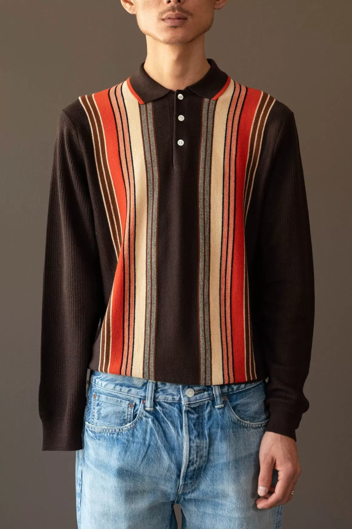 Knit Polo Stripe - Dark Brown>Beams Plus Sale