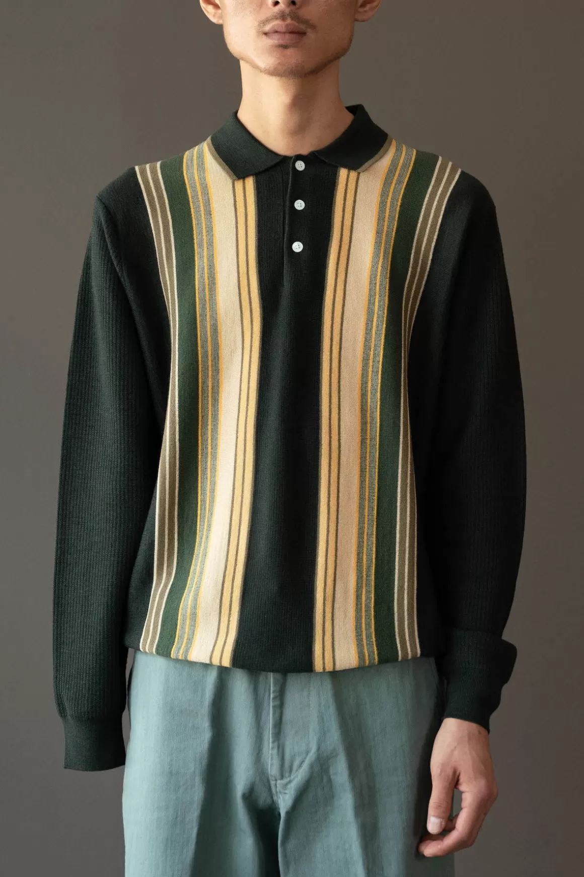 Knit Polo Stripe - Dark Green>Beams Plus Hot