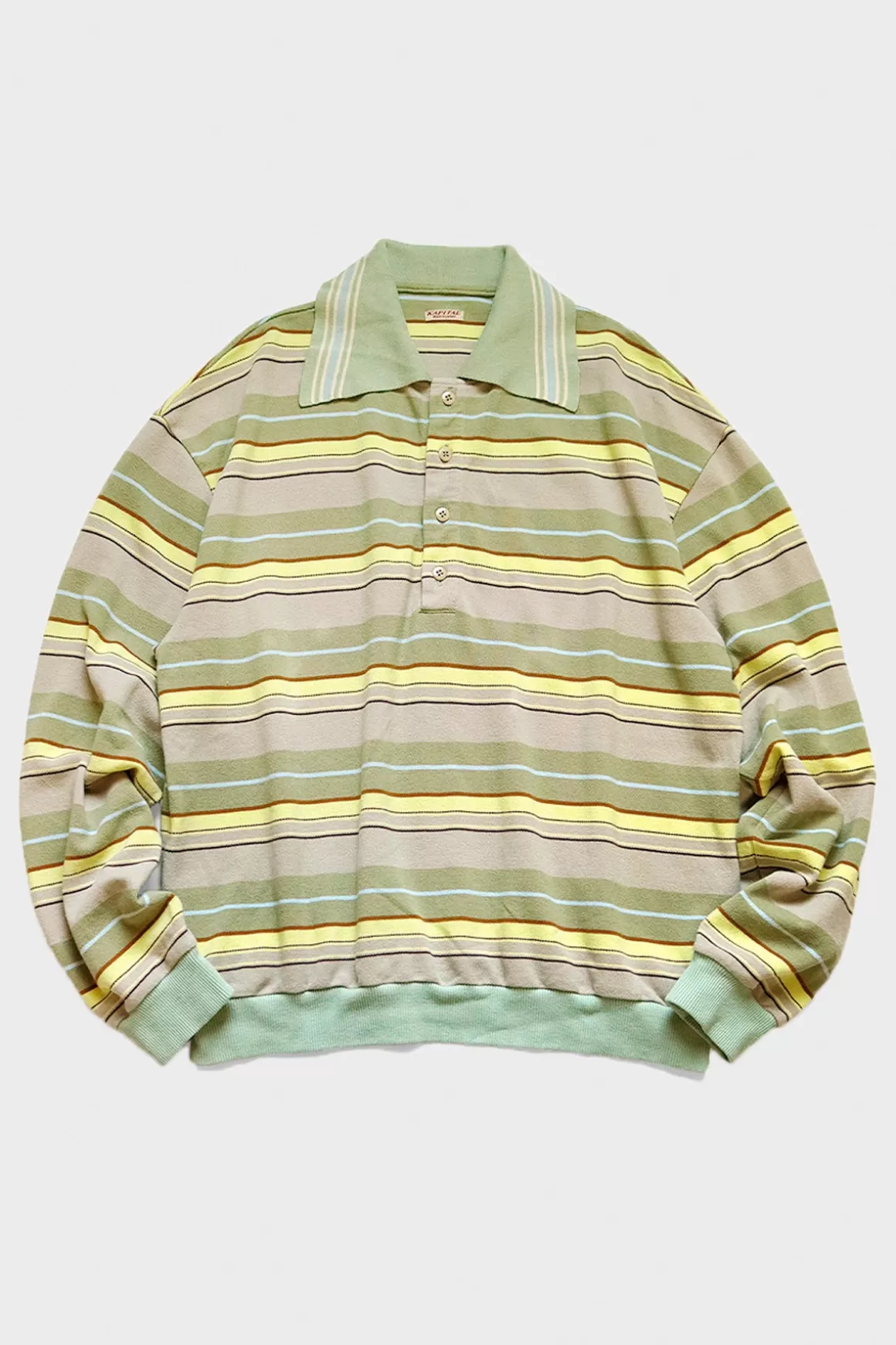 Multi Stripe Piquet Wrangle Collar Retro Polo Shirt - Beige/Khaki>Kapital Discount