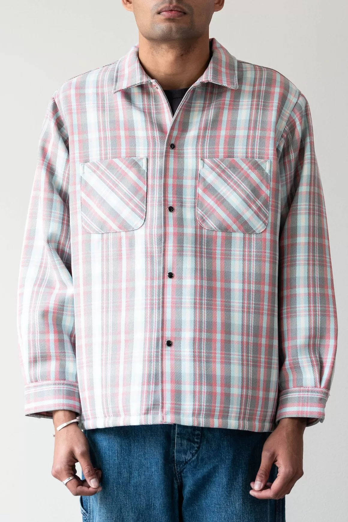 Quilt Open Collar Shirt Mechanic Ombre Check - Red>Beams Plus Flash Sale