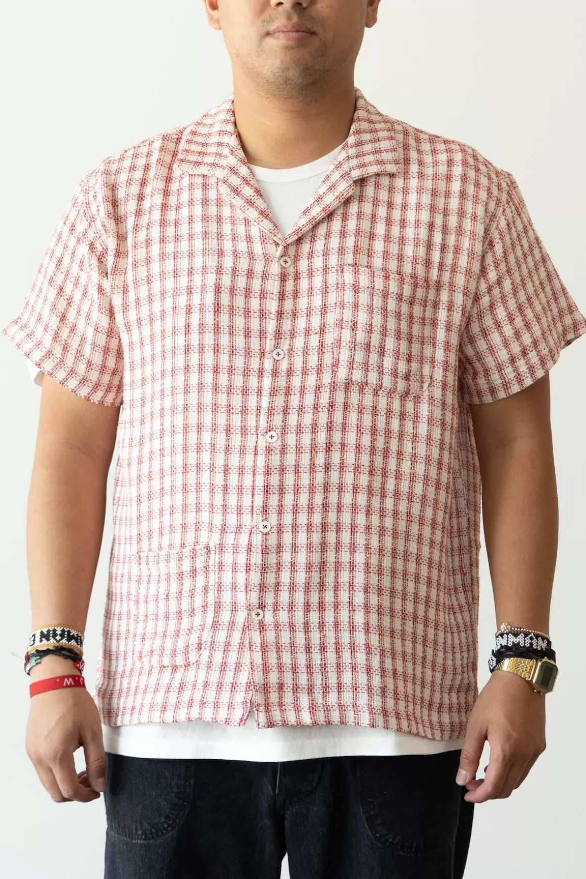 Textured Cotton Shirt - Red/White>Harago Flash Sale