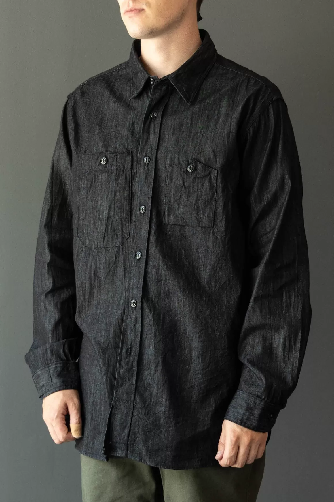 Work Shirt - Black Cotton Denim Shirting>Engineered Garments New